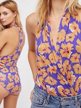 Purple Floral Halter-Style Women’s Bodysuit